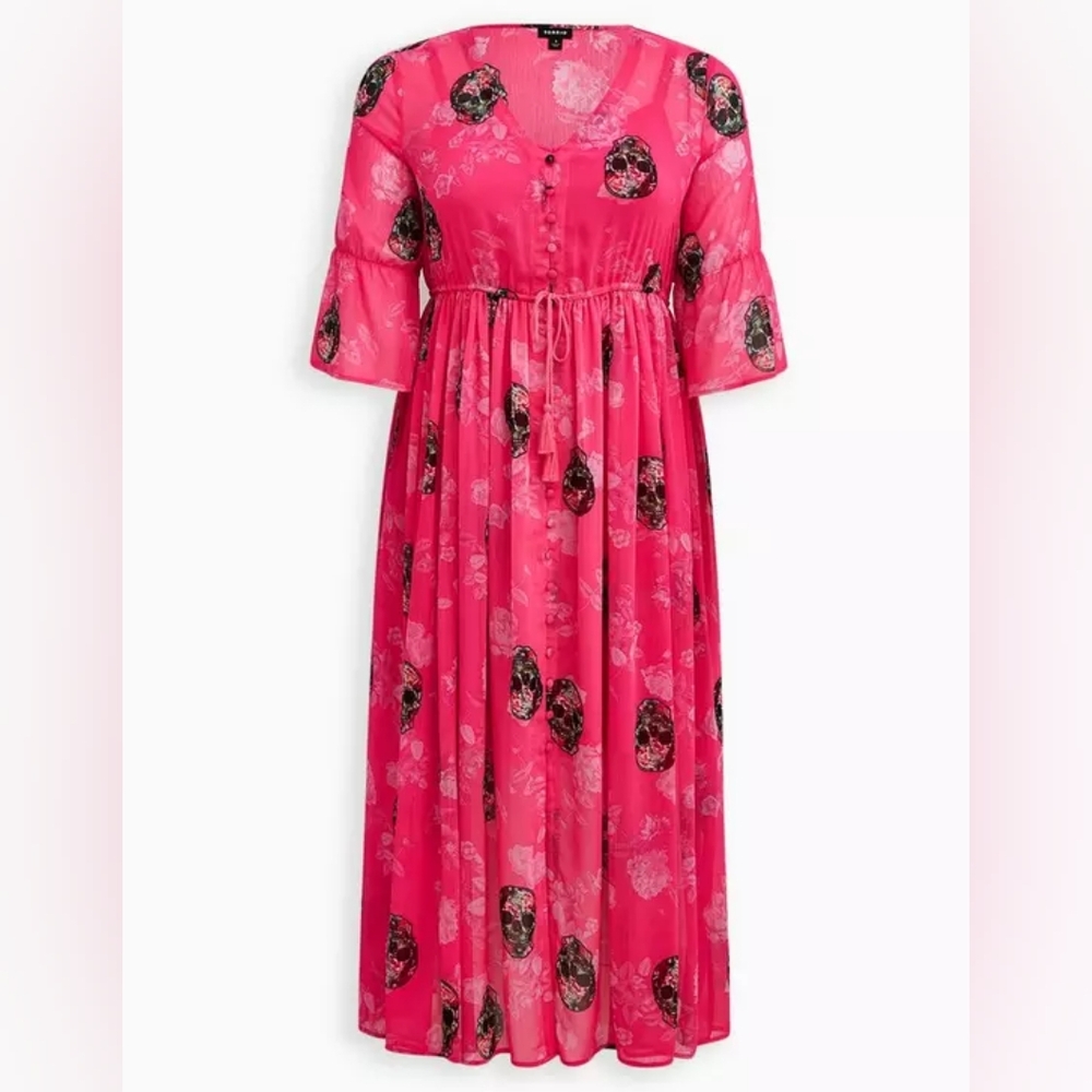 Torrid pink skull Maxi Chiffon Dress Size 3 NWT